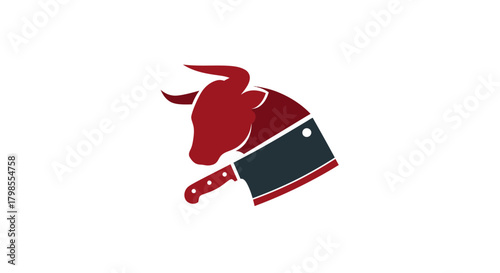 Butcher Preparing Beef in Kitchen Setting with Cleaver and Cow Symbol, Focused on Food Artistry