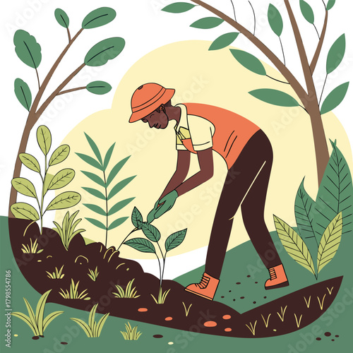 Illustration of a person happily gardening with organic plants and tools