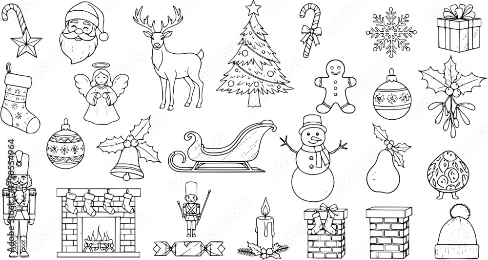 Fototapeta premium Hand-drawn Christmas Holiday Doodles and Elements Set. Line Art Vector Illustration Collection of Santa, Reindeer, Tree, Snowman, Gifts, and Other Xmas Symbols.