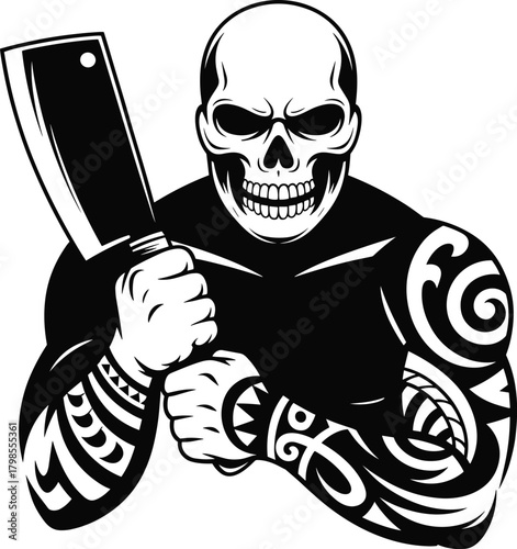 Intense vector illustration of a powerful skull character holding a meat cleaver, featuring tribal tattoos on muscular arms, symbolizing danger, power, and dark energy.