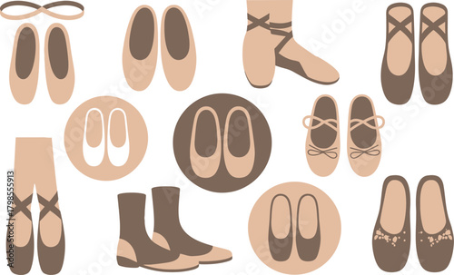 Assorted Ballet Pointe Shoes and Dance Footwear Illustrations in Beige and Brown Tones on White