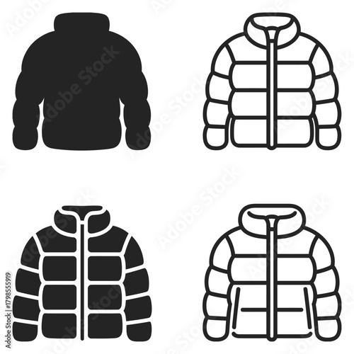 Minimal Puffer Jacket Vector Icons – Black Winter Coat Silhouettes, Outline Jacket Symbols, Editable Clipart Set for Fashion Design, Clothing Illustration, Winter Apparel Graphics, and Digital Project