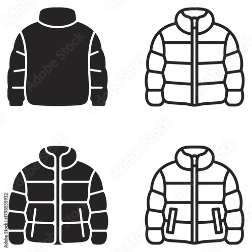 Isolated Puffer Jacket Icons Vector – Black Winter Coat Silhouettes, Minimal Outline Symbols, Warm Clothing Clipart, Editable Vector Set for Apparel Design, Fashion Graphics, and Clothing Projects