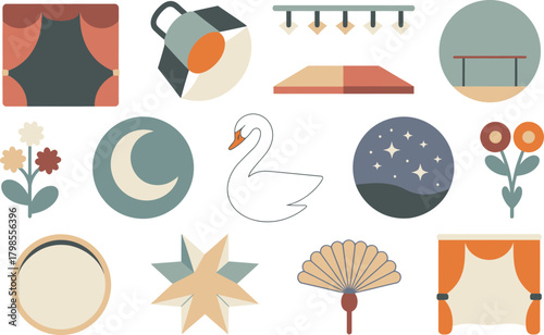 Assorted Boho Style Theatrical And Celestial Objects, Flat Design, Featuring Swan, Stage, Star, Flowers