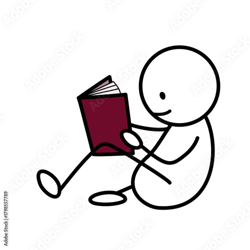 Relaxed Stick Figure Reading a Book While Sitting
