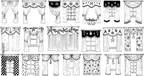 Festive Window Curtains: Hand-Drawn Christmas  Winter Decoration Elements
