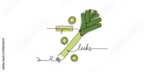 Minimal one-line illustration of an organic leek with sliced pieces. Simple green line-art vegetable design suitable for food labels, organic produce branding, and farm-to-table graphics.