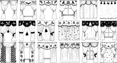 Hand-drawn Christmas  Holiday Curtain Designs Vector Set. Various window treatments with festive elements like snowflakes, bells, reindeer, and holly, perfect for seasonal home decor illustrations.
