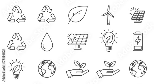 Eco-friendly icons representing sustainability and renewable energy sources.