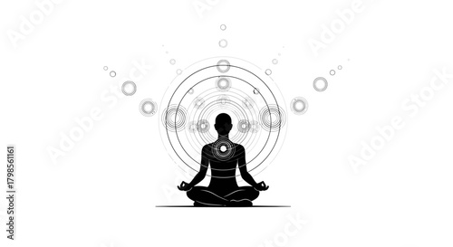 Silhouette of a person meditating with sacred geometry symbols.