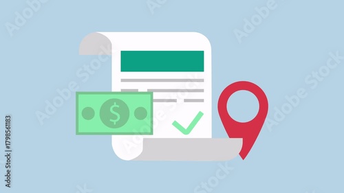 Scroll paper with dollar bill and location marker, Finance management 2d animation with alpha matte
