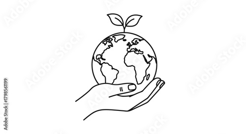 Hand holding planet Earth with growing plant.
