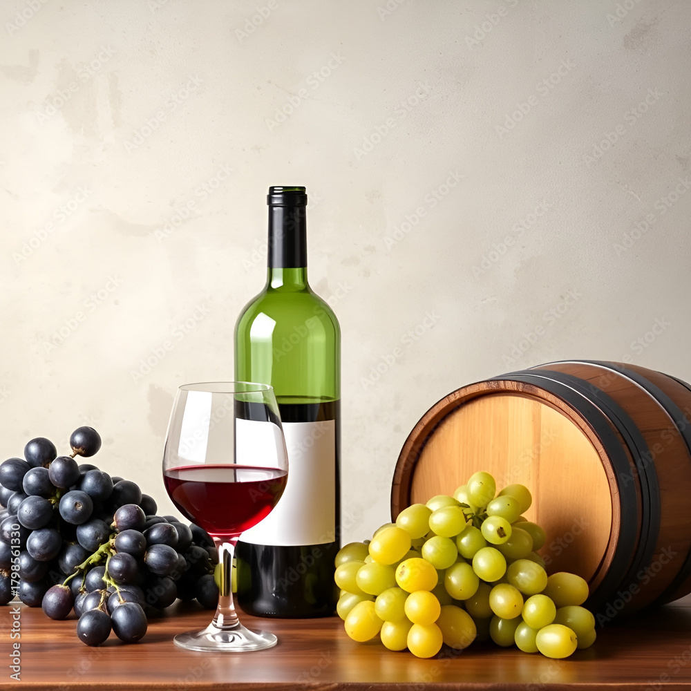 Fototapeta premium Still-life with glass of wine, bottle and barrel.