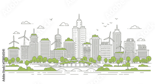 Eco-friendly cityscape with wind turbines and green spaces.