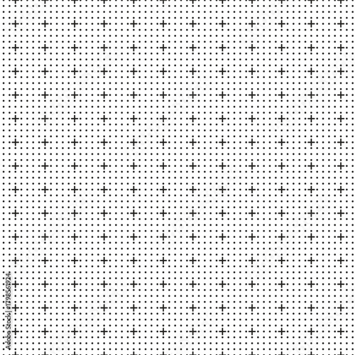 Minimalist dotted grid seamless pattern design featuring evenly spaced black plus symbols. Modern geometric background ideal for digital projects and print templates. Clean, simple, and versatile 