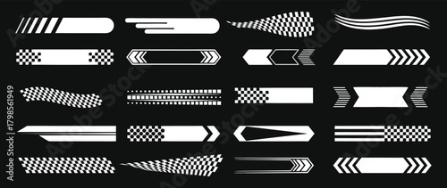 Bold racing stripe vector elements featuring dynamic shapes and high-contrast black and white designs. Ideal for automotive decals, sports graphics, and speed-themed artwork. Modern, sleek, and custom