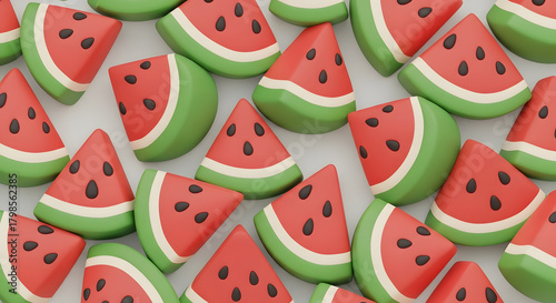 High-quality seamless pattern featuring adorable illustrations of red watermelon slices, bitten slices, and whole watermelons arranged in a clean, repetitive grid. Designed in a soft, cute, minimalist