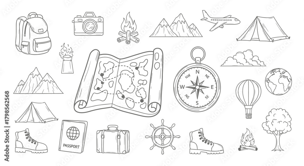 Fototapeta premium Hand-drawn travel and adventure icons collection.