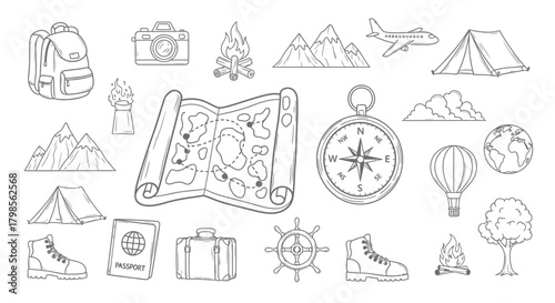 Hand-drawn travel and adventure icons collection.