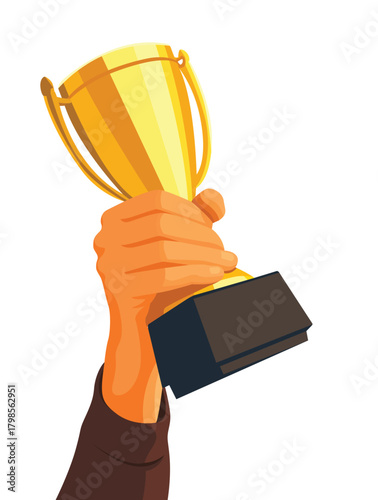 Hand holding up a bright gold trophy, celebrating a victory.