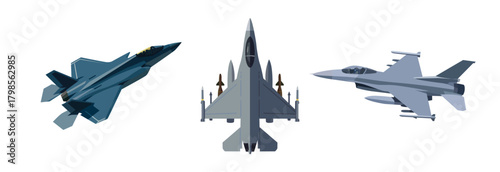 A collection of three different military fighter jets and their weapons.