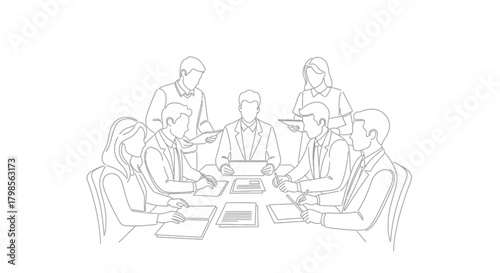 Business meeting with diverse team collaborating around a table.