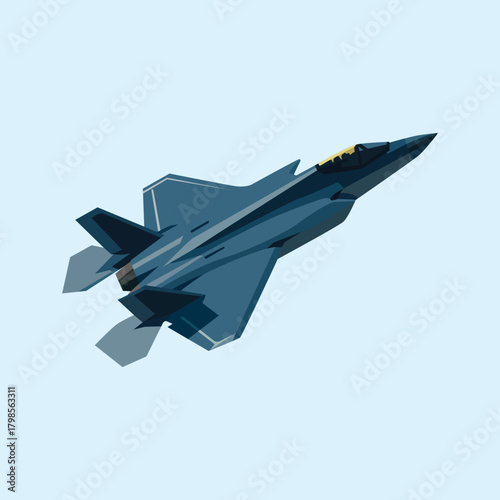 fighter jet flying against a blue background.