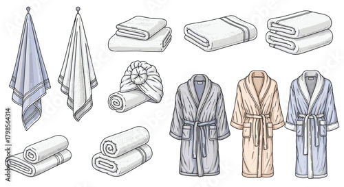 A collection of soft and absorbent bath linens and comfortable robes for home spa relaxation.