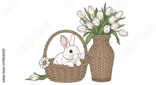 A charming little bunny sits in a woven basket next to a vase full of delicate white tulips.