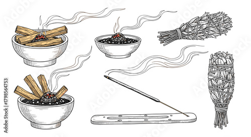 A collection of aromatic burning sticks and incense cones with smoke wafting upwards.