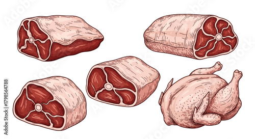 Assortment of raw meat cuts and a whole chicken ready for cooking.