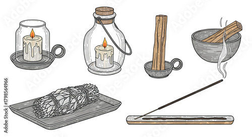 Collection of various objects for creating ambiance including candles and incense sticks.