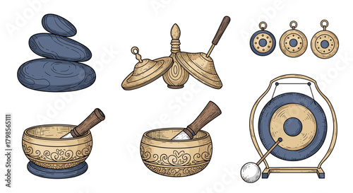 Collection of meditation and healing instruments including singing bowls gongs and balanced stones.