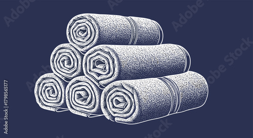 A stack of rolled towels arranged in a pyramid formation.