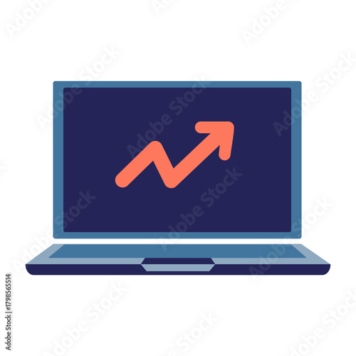 A flat vector icon of a laptop displaying an upward-trending graph, symbolizing data analysis, business growth, reporting, and performance monitoring.