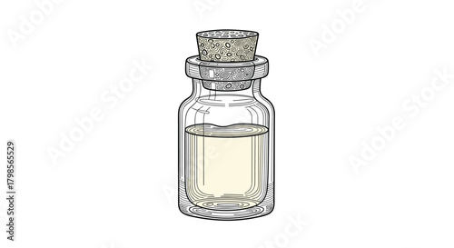 Small clear glass bottle with a cork stopper filled with a light colored liquid.
