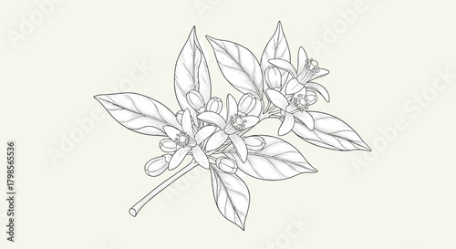 A delicate line art illustration of a flowering branch with intricate leaf patterns creating a botanical sketch effect.