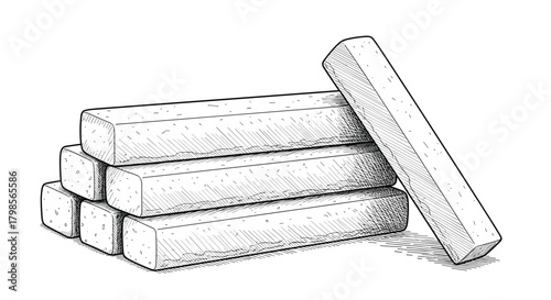 A stack of rectangular chalk sticks with one cylindrical chalk stick leaning against them.