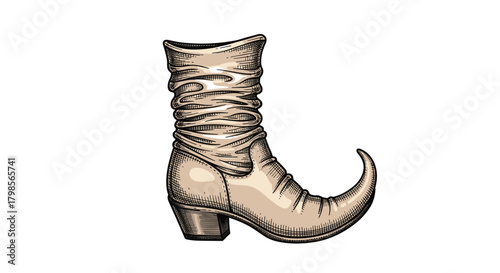 An antique wrinkled leather boot with a pointed toe and a curved heel. The boot is a light cream color and features a ruched or gathered effect around the ankle and lower calf area.