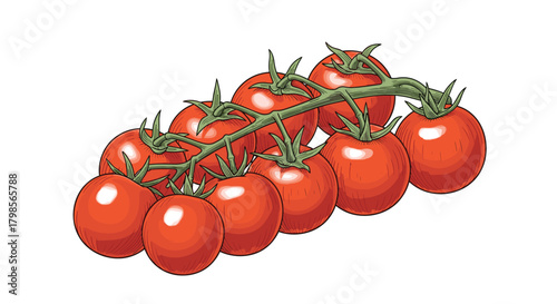 A vibrant bunch of ripe red cherry tomatoes hanging on a vine ready for harvest.