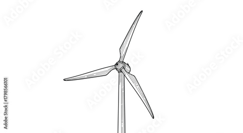 A detailed black and white sketch of a three-bladed wind turbine on a plain background.