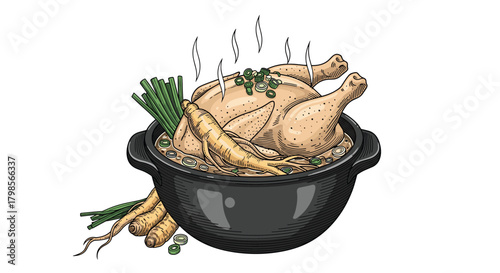 A steaming pot of whole chicken soup with ginger and green onions.