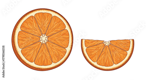 Two slices of an orange one whole and one cut.