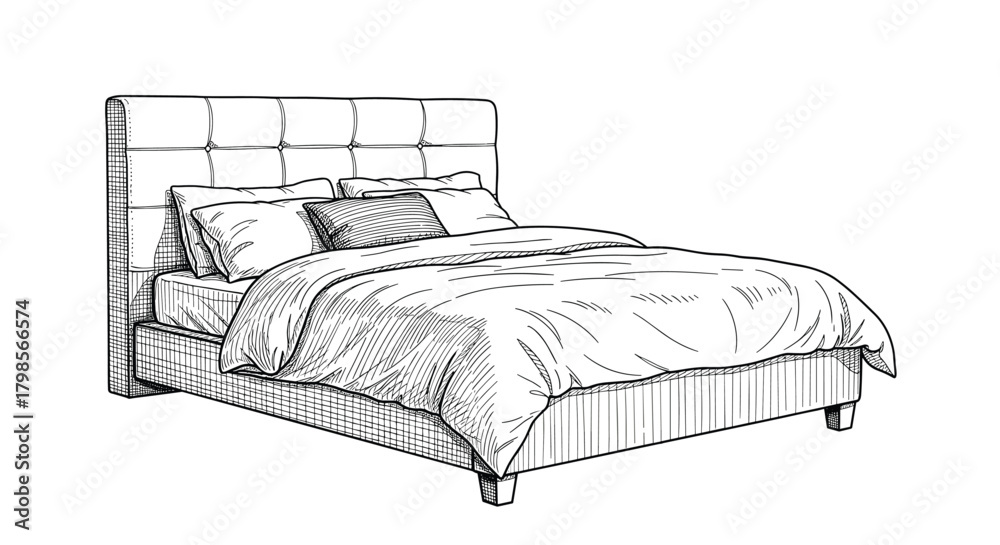 Obraz premium A comfortable upholstered bed with a tufted headboard and a cozy duvet is shown in this drawing.