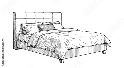 A comfortable upholstered bed with a tufted headboard and a cozy duvet is shown in this drawing.
