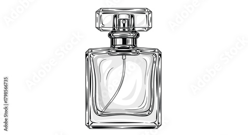 Elegant glass perfume bottle with a classic rectangular shape and a silver cap.