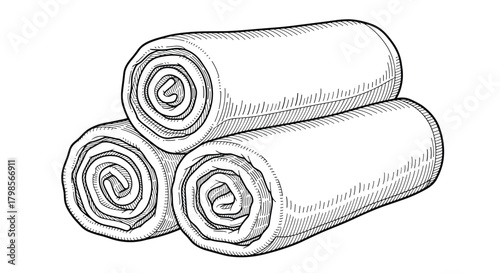 A stack of three tightly rolled up towels or cloths arranged in a pyramid formation on a flat surface.