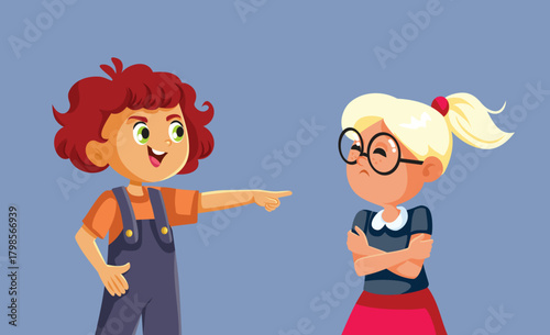 Mean Boy Making Fun of a Girl Vector Illustration. Cruel brother poking fun being aggressive towards his sister
