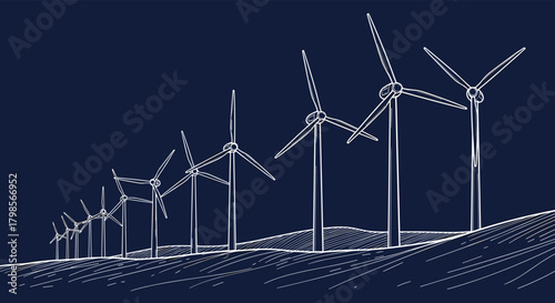 Illustrative depiction of a wind farm with numerous turbines generating clean renewable energy on a rolling landscape.