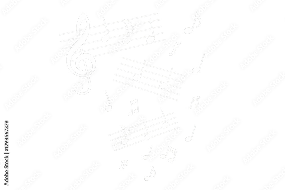 Obraz premium Transparent background with musical staves, a treble clef, and white music notes symbolizing melody, sound, and harmony